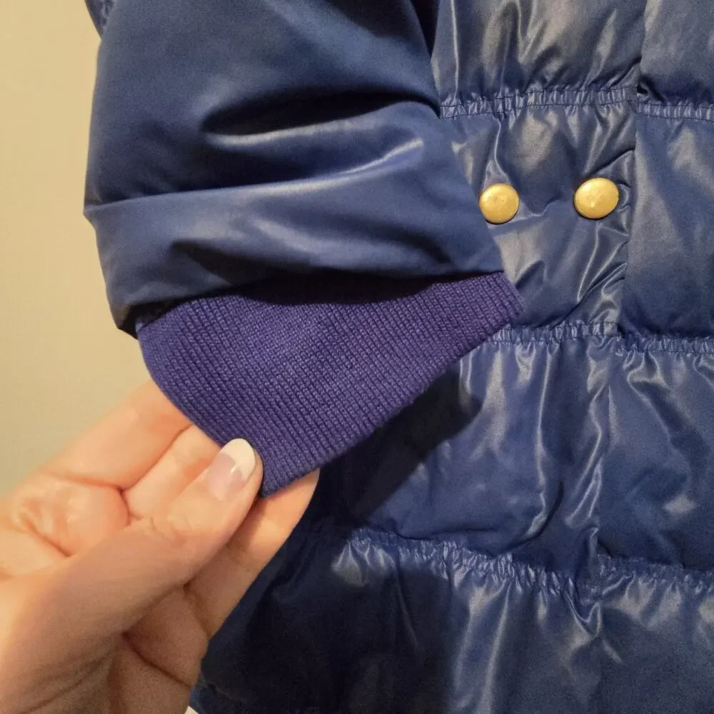 Hanna Andersson Down Long‎ Hooded Coat Girls Sz 140 9-10 Blue Fauz Fur Edge Warm